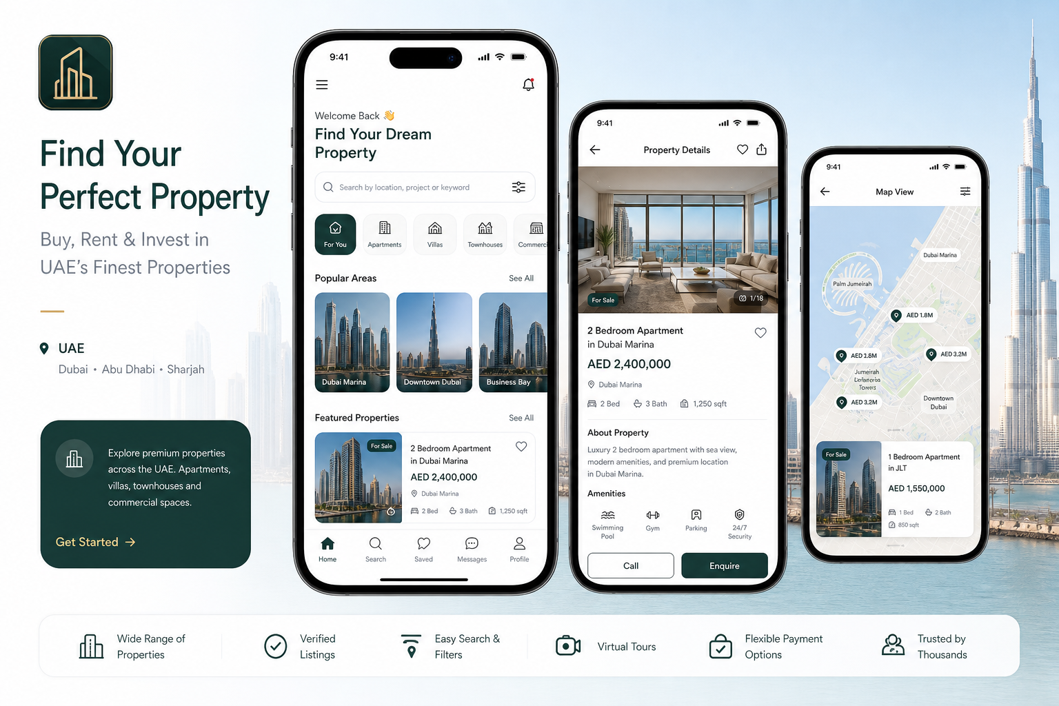 تصميم تطبيق عقارات في الإمارات: بحث وفلترة وعرض وحدات بوضوح